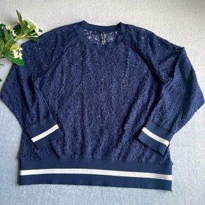 Women’s Sz XL Blue Lace Tunic Sweater Long Sleeve Crew Neck Pullover Blouse